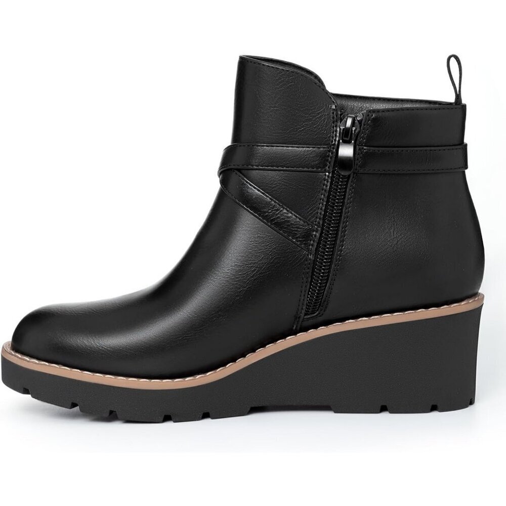 Women's Black Wedge Ankle Boots Platform Lug Sole Buckle Zip Short Booties - Picture 2 of 6
